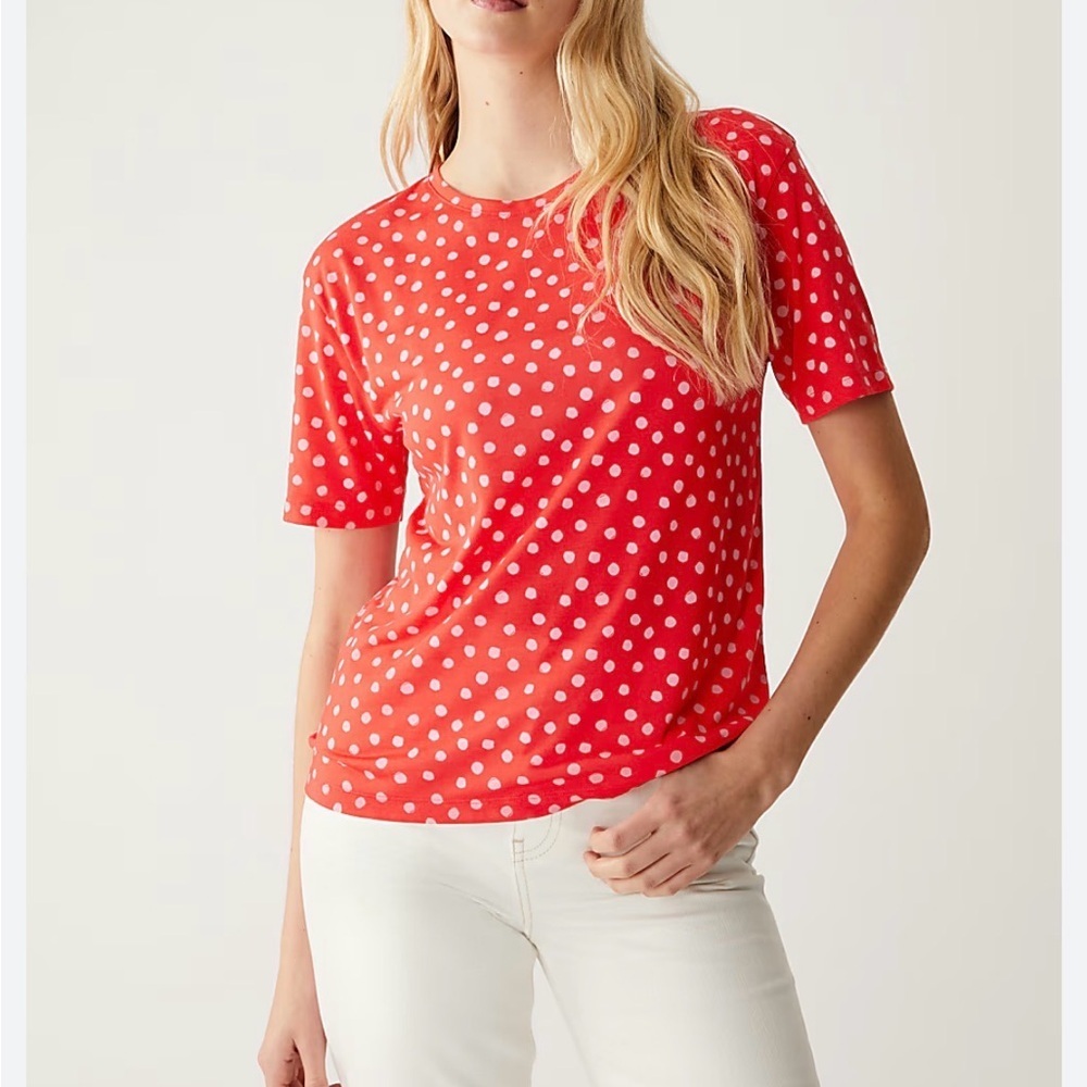 J. Crew Orange Cotton Pink Polka Dot Crewneck Tee S